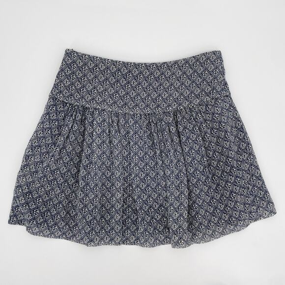 Madewell 100% Silk Pleated Ruffle Scarf Print Mini Skirt Size 0 Lined Navy White - Picture 1 of 7